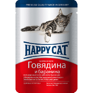Happy Cat Паучи для Кошек Нежные Кусочки в соусе Говядина с Бараниной 100гр*22шт (1002314)