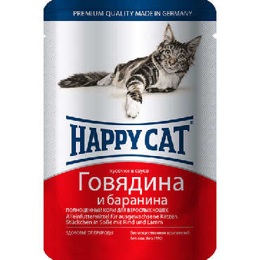 Happy Cat Паучи для Кошек Нежные Кусочки в соусе Говядина с Бараниной 100гр*22шт (1002314)
