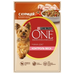 Purina ONE® МИНИ Контроль веса для собак Мелких пород с Курицей,Коричневым рисом и Томатами в подливе 85гр (78449)