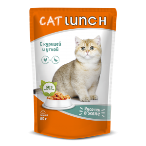 Cat Lunch Консервированный корм для Кошек Кусочки в желе Курица с Уткой 85гр*24шт (106927)