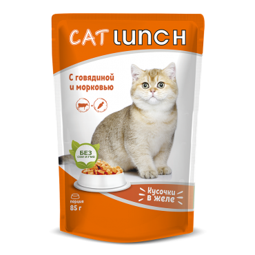 Cat Lunch Консервированный корм для Кошек Кусочки в желе Говядина с морковью 85гр*24шт (106928)