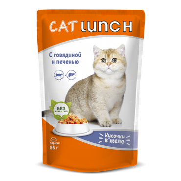 Cat Lunch Консервированный корм для Кошек Кусочки в желе Говядина с печенью 85гр*24шт (106929)