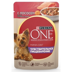 Purina ONE® МИНИ Пауч для собак Мелких пород с Чувствительным пищеварением Лосось,Рис и Морковь в подливе 85гр (81119)