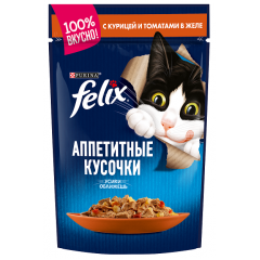 Felix Паучи для Кошек Аппетитные кусочки в Желе Курица с Томатами 85гр (81353)