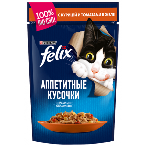 Felix Паучи для Кошек Аппетитные кусочки в Желе Курица с Томатами 85гр (81353)