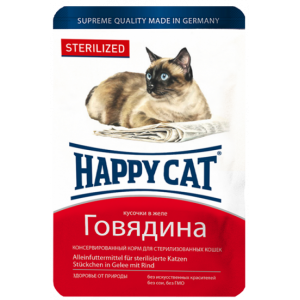Happy Cat STERILIZED Паучи для Стерилизованных Кошек Кусочки в желе Говядина 100гр*22шт (1004212)