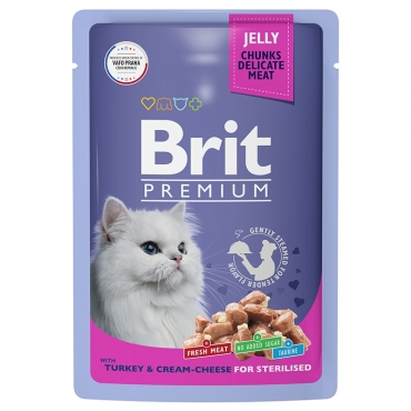 Brit Premium Пауч для взрослых Стерилизованных кошек с Индейкой и сыром в желе 85гр (58576)