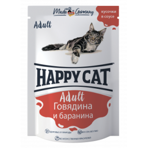 Happy Cat Паучи для Кошек Кусочки в соусе Говядина с Бараниной 100гр*24шт (Россия)