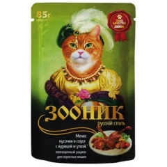 Зооник (корм) Пауч для Кошек с кусочками в соусе с Курицей и Уткой 85гр (53104)