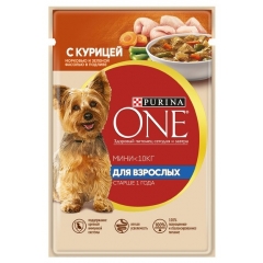 Purina ONE® МИНИ Пауч для Активных собак Мелких пород Курица/Морковь/Зелёная Фасоль в Подливе 85гр (78173)