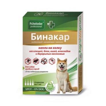 Pchelodar Professional Бинакар Капли от Блох и Клещей для Собак Средних пород (4 пипетки)(63256)