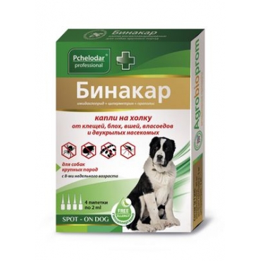 Pchelodar Professional Бинакар Капли от Блох и Клещей для Собак Крупных пород (4 пипетки)(63257)