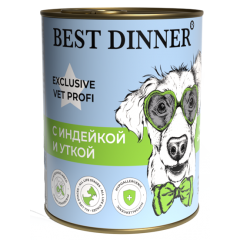 Best Dinner Exclusive Vet Profi Hypoallergenic Консервы для собак при проблемах пищеварения с Индейкой и Уткой 340гр*12шт (7637)