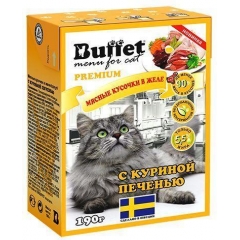 Buffet Мясные кусочки в Желе для Кошек с Куриной печенью 190гр (70448)