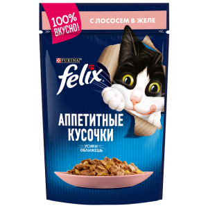 Felix Паучи для Кошек Аппетитные кусочки в Желе с Лососем 85гр (81345)