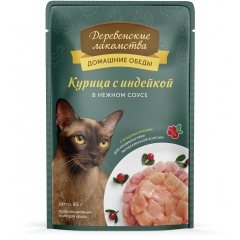 Деревенские лакомства Пауч для Кошек Курица с Индейкой в Нежном соусе 85гр*12шт (88382)