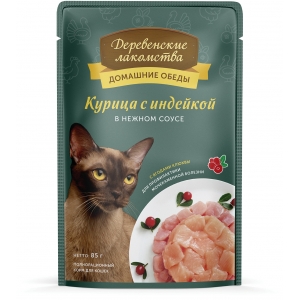 Деревенские лакомства Пауч для Кошек Курица с Индейкой в Нежном соусе 85гр*12шт (88382)