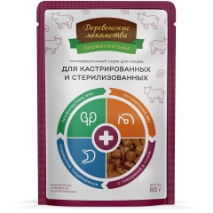 Деревенские лакомства Паучи для Кастрированных и Стерилизованных кошек с Говядиной 85гр*12шт (88387)