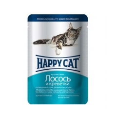 Happy Cat Паучи для Кошек Нежные Кусочки в желе Лосось с Креветками 100гр*22шт (1002310)