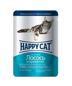 Happy Cat Паучи для Кошек Нежные Кусочки в желе Лосось с Креветками 100гр*22шт (1002310)