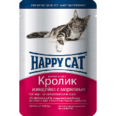 Happy Cat Паучи для Кошек Нежные Кусочки в соусе Кролик с Индейкой и Морковью 100гр*22шт (1002316)