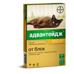 Bayer Advantage 40К Капли от Блох для Кошек до 4кг (упаковка 4 пипетки) (13273)