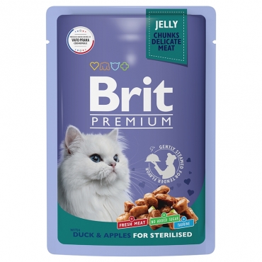 Brit Premium Пауч для взрослых Стерилизованных кошек с Уткой и яблоками в желе 85гр (58577)