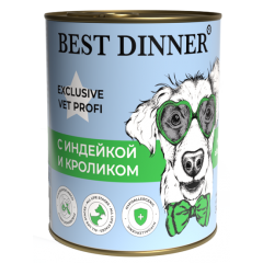 Best Dinner Exclusive Vet Profi Hypoallergenic Консервы для собак при проблемах пищеварения c Индейкой и Кроликом 340гр*12шт (7635)