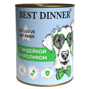 Best Dinner Exclusive Vet Profi Hypoallergenic Консервы для собак при проблемах пищеварения c Индейкой и Кроликом 340гр*12шт (7635)