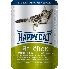 Happy Cat Паучи для Кошек Нежные Кусочки в желе Ягненок с Телятиной и Зелёной фасолью 100гр*22шт (1002307)
