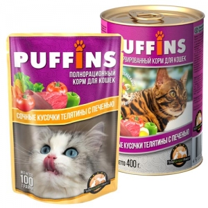 Puffins Паучи для Кошек Телятина/Печень в Соусе 100гр*24шт (62118)